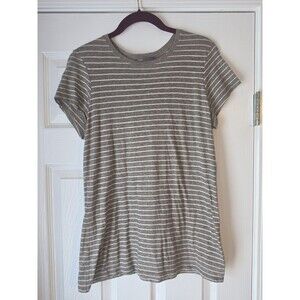 Vince. Heather Brown White Striped Cotton Modal Short Sleeve Crew Neck T-Shirt L